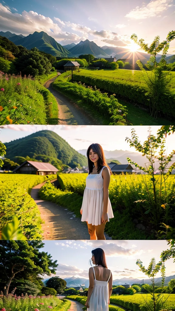 Landscape painting、Japanese village scenery、Photo Style、evening、Cute girl standing、evening、sunset、