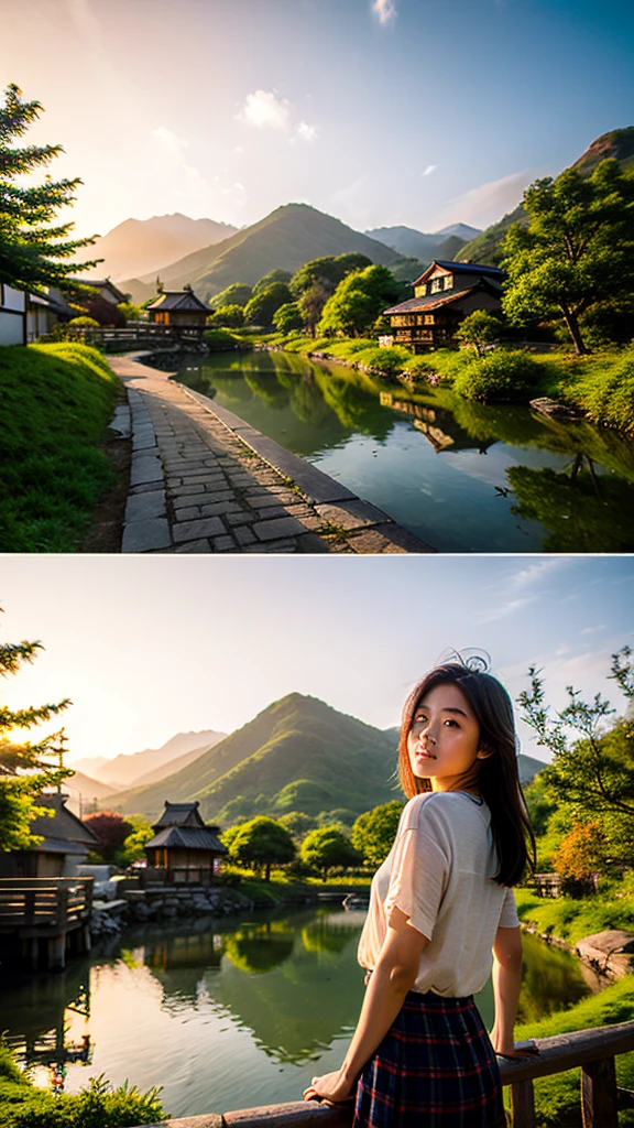 Landscape painting、Japanese village scenery、Photo Style、evening、Cute girl standing、evening、sunset、