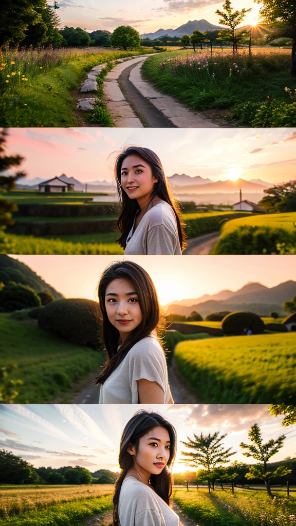 Landscape painting、Japanese village scenery、Photo Style、evening、Cute girl standing、evening、sunset、