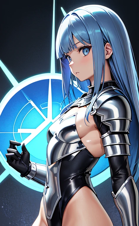 (front view:1.5)、(masterpiece:1.5、Photorealistic:1.4,anime coloring:1.4、high resolution:1.4)、,(spot light:1.2、Exquisite beautiful eye:1.5,)、(stand:1.5)、()、(upper body:1.5)、
(kind eyes、tareme:1.4),()、(Cute Face)、(blue hair:1.5)、(middle hair:1.5),(sidelock :1.6),(blunt bangs:1.3),(1 girl)、(blue eyes:1.2)、(clear face:1.5),()、(solo)、(chromium　metal black :1.5) ,(Abdominal muscles),(small breasts),(),(leotard armor:1.5),(Leg guard)、()、()、Slim Body(),Shiny Hair、