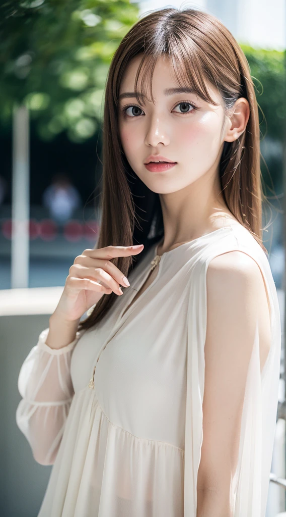 1womanl, up of face, mideum breasts, light brown hair, Blunt bangs, hair behind ear, hair over shoulder, Long hair, slender body shape, Ultra Fine Face, Thin face, Delicate lips, Beautiful eyes, thin blush, eyes are light brown, perfect glossy skin, flawless skin, Glistening sweat,View here, Ultra-thin hands, Ultra-fine fingers, best ratio four finger and one thumb, (realisitic:1.3), See-through white blouse. An amusement park, One-person viewpoint, Fuji Film, F/1.2, 8K, masutepiece, nffsw, Super Detail, High quality, Best Quality, hight resolution