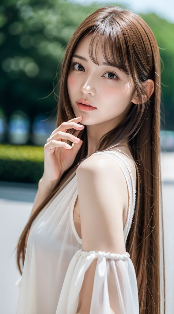 1womanl, up of face, mideum breasts, light brown hair, Blunt bangs, hair behind ear, hair over shoulder, Long hair, slender body shape, Ultra Fine Face, Thin face, Delicate lips, Beautiful eyes, thin blush, eyes are light brown, perfect glossy skin, flawless skin, Glistening sweat,View here, Ultra-thin hands, Ultra-fine fingers, best ratio four finger and one thumb, (realisitic:1.3), See-through white blouse. An amusement park, One-person viewpoint, Fuji Film, F/1.2, 8K, masutepiece, nffsw, Super Detail, High quality, Best Quality, hight resolution