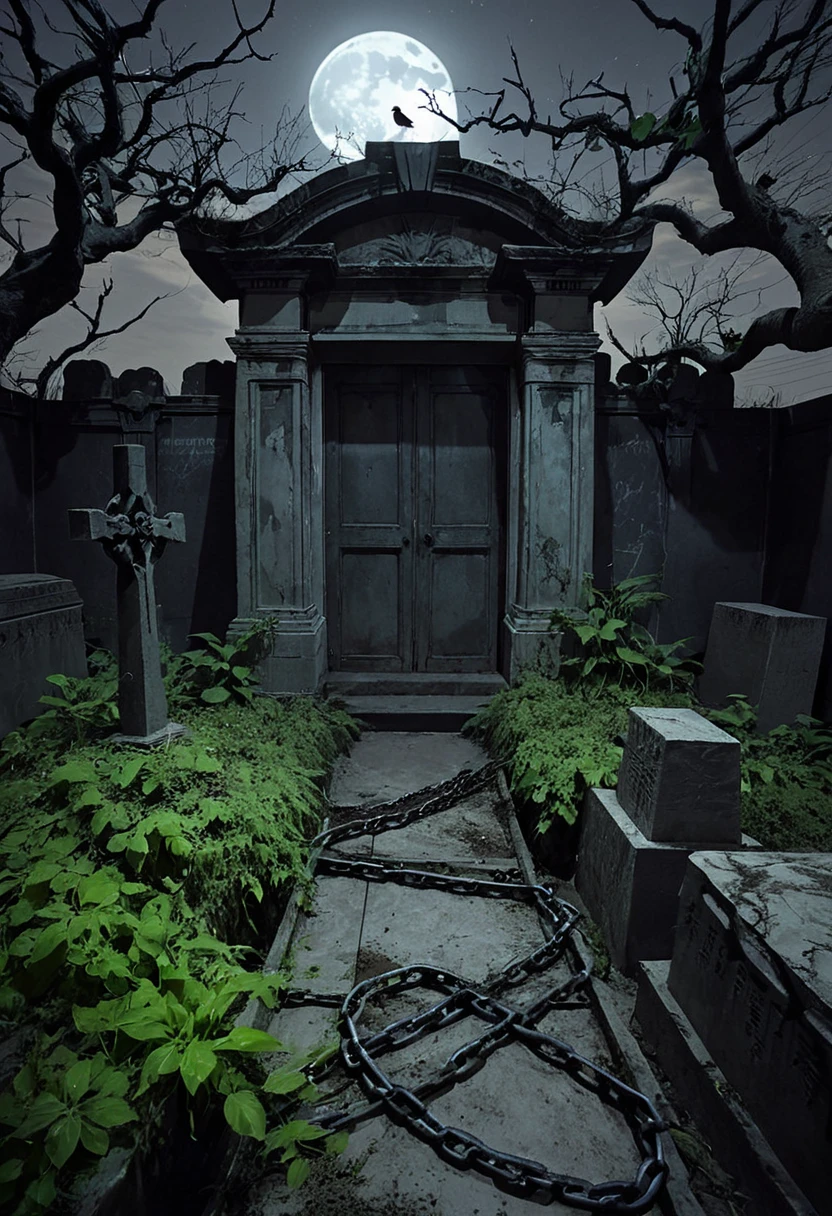 In a desolate mass grave，Under the dim moonlight，An ancient tomb is revealed。The grave is surrounded by weeds and dead branches.，In the distance, a few crows can be seen crowing.。The graves are covered with thick dust，There are old iron chains and rusty locks in front of the door。A gloomy atmosphere permeates this desolate place，It seems like something weird is going to happen at any moment.。The whole presents an ancient、Desolate and mysterious atmosphere，Let people。