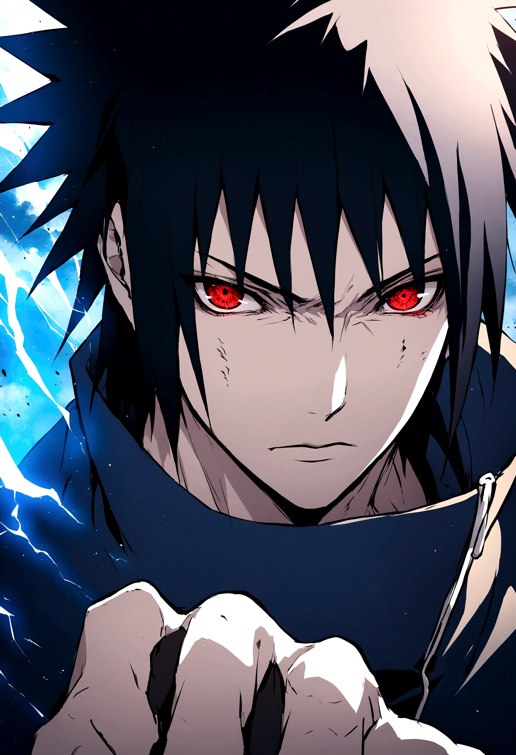 sasuke uchiha, blue lightning bolt in one hand, chidory, upper body, sharingan in eyes, ready to fight, hight quality, red eyes, whole hand