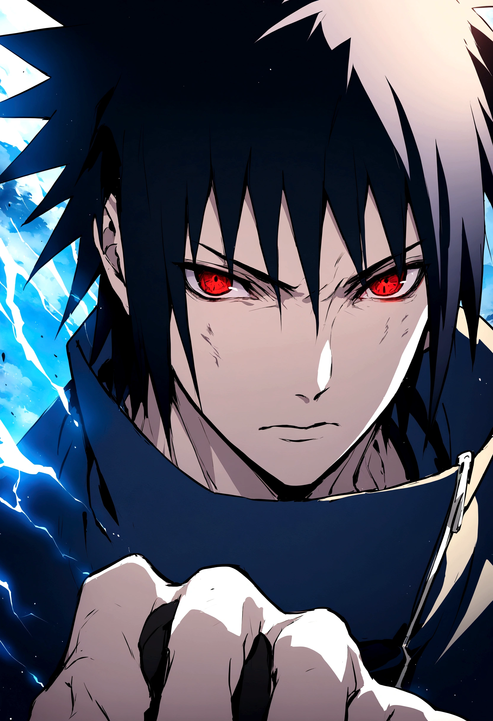 sasuke uchiha, blue lightning bolt in one hand, chidory, upper body, sharingan in eyes, ready to fight, hight quality, red eyes, whole hand