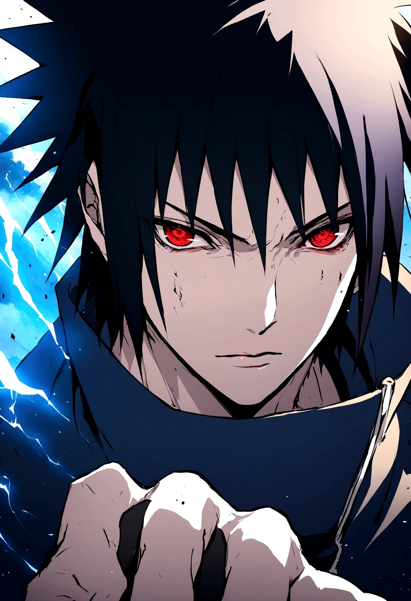 sasuke uchiha, blue lightning bolt in one hand, chidory, upper body, sharingan in eyes, ready to fight, hight quality, red eyes, whole hand