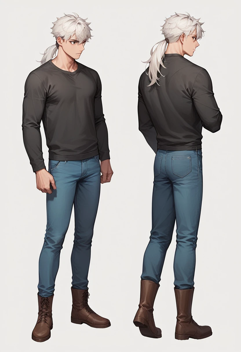 1 man, white hair in a ponytail, dark eye color, blue pants, Brown boots, black sweatshirt, White background, standing straight