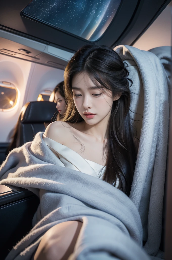(((best quality))),(((ultra detailed))),(((masterpiece))),illustration,(a beautiful girl,female passenger,solo),((slim,thin,small breasts,flat chest)),summer night,((in airplane,economy class,indoor)),(blanket over shoulders:1.3),((dress)),(shoulder length straight hair:1.2),stars,moonlight,smooth flight,engine sound,lullaby,relaxed,excited,happy,visiting family,comfortable seats,soft fabric,headrests,adjustable,beauty of night sky,thinking about family,friends,dimmed lights,sleeping passengers,movies,personal screens,staying awake,magic of sky,joy of being with family,memorable journey,adventures,(surrounded by crowded crowds:1.3)