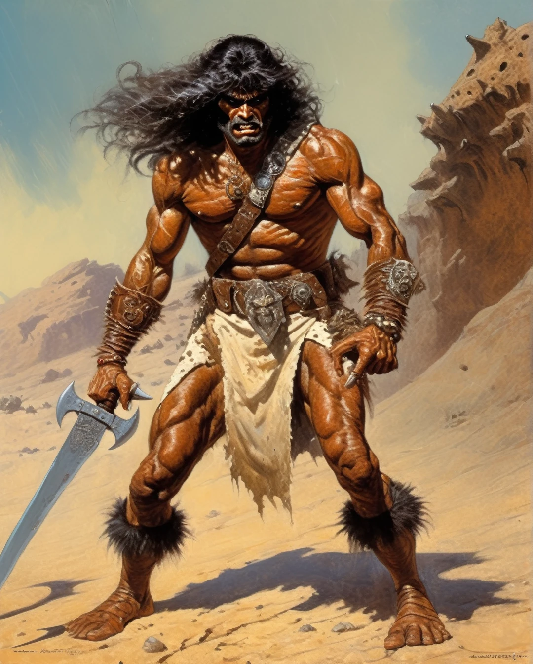 Richard Hescox Style - Masterpiece, A fiercely raging Saudi Arabian Bedouin berserker, his battle axe gleaming with menace, depicted in the iconic art style reminiscent of Frank Frazetta and Moebius. This powerful warrior is portrayed in a digital painting, showcasing intricate details of his weathered leather armor, dark, untamed hair, and eyes ablaze with determination. The striking composition and vivid colors elevate the image to a mesmerizing work of art, capturing the essence of savage warfare with astounding realism and intensity.