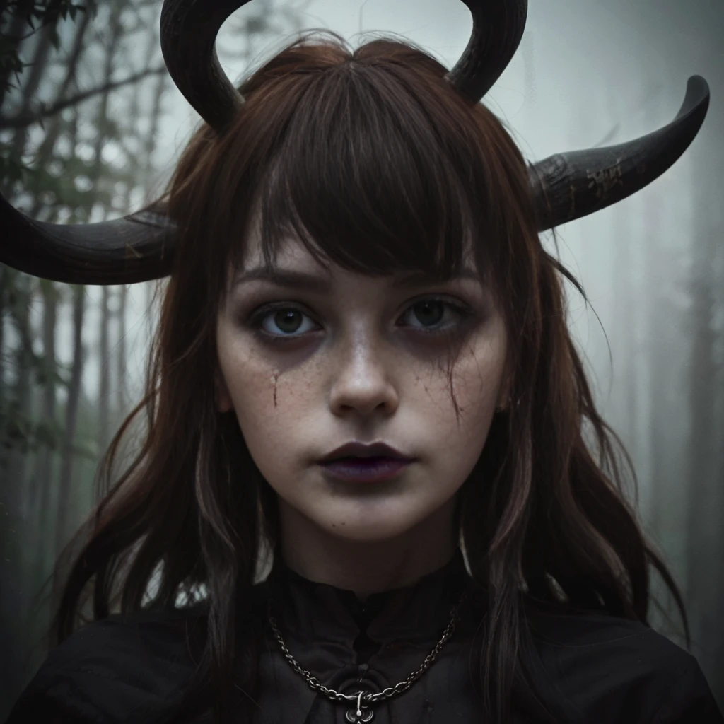 (Best Quality,hight resolution,Masterpiece, portrait:1.2),Ultra-detailed,blonde demon woman with black metal make-up,sickly, standing with a desolated land in the background, she's wearing a viking helmet with deer horns, desolated landscape in the background, black dripping make up, black metal make-up, demon woman with deer horns, close up portrait, viking witch aesthetic, nordic traits, cinematic portrait shot, horror vibes, centered subject,gloomy ecstasy,fetish,dark gloomy atmosphere, creepy atmosphere, gritty texture,Retro-atmosphere,warped reality,melancholic expression on his face,mysterious aura,foggy atmosphere,foggy background,Subtle color palette,provocative pose,Strong emotions,Coming Out of the Depths of Despair,Piercing gaze,intense shadows,Plunged in Darkness,dark industrial aesthetic,ominous vibe,A supernatural sensation,Loss of Place in Time and Space,Eerie silence.asymmetrical hair, freckles, blonde hair, Bangs, freckles, gray eyes,