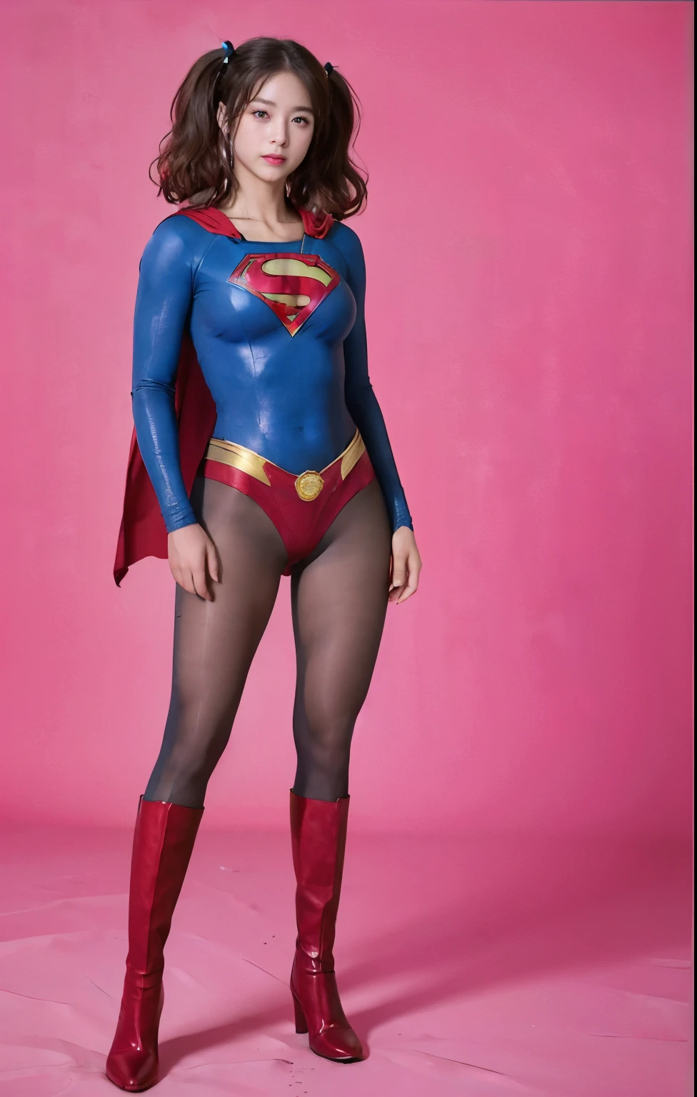 No background、(((Beautiful legs in black tights.)))、(((Legally express the beauty of your smile)))、((((Make the most of your original images)))、(((Supergirl Costume)))、(((Beautiful hair with twin tails)))、(((suffering)))、(((Please wear black tights....、Wear red boots)))、((Best image quality、8K))、((Highest quality、8K、masterpiece:1.3))、(((Preserve background )))、Sharp focus:1.2、Beautiful woman with perfect figure:1.4、Slim Abs:1.2、Wet body:1.5、Highly detailed face and skin texture、8K