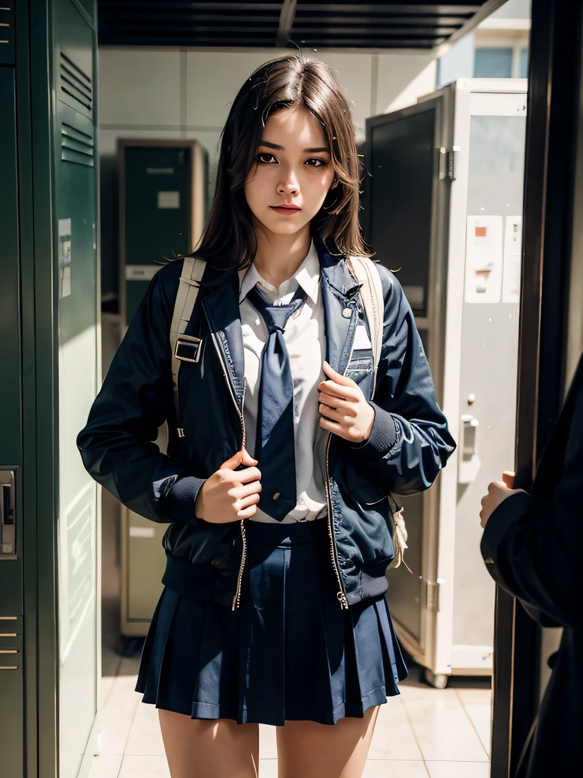 A girl at school,Strive, at her locker with a handsome male twin,(Contre-Jour), realisti, ​masterpiece, highest quality, Lens reflection, shade, bloom, [[chromatic aberration]], von Jeremy Lipking, by Antonio J. Manzanedo, digital drawing,