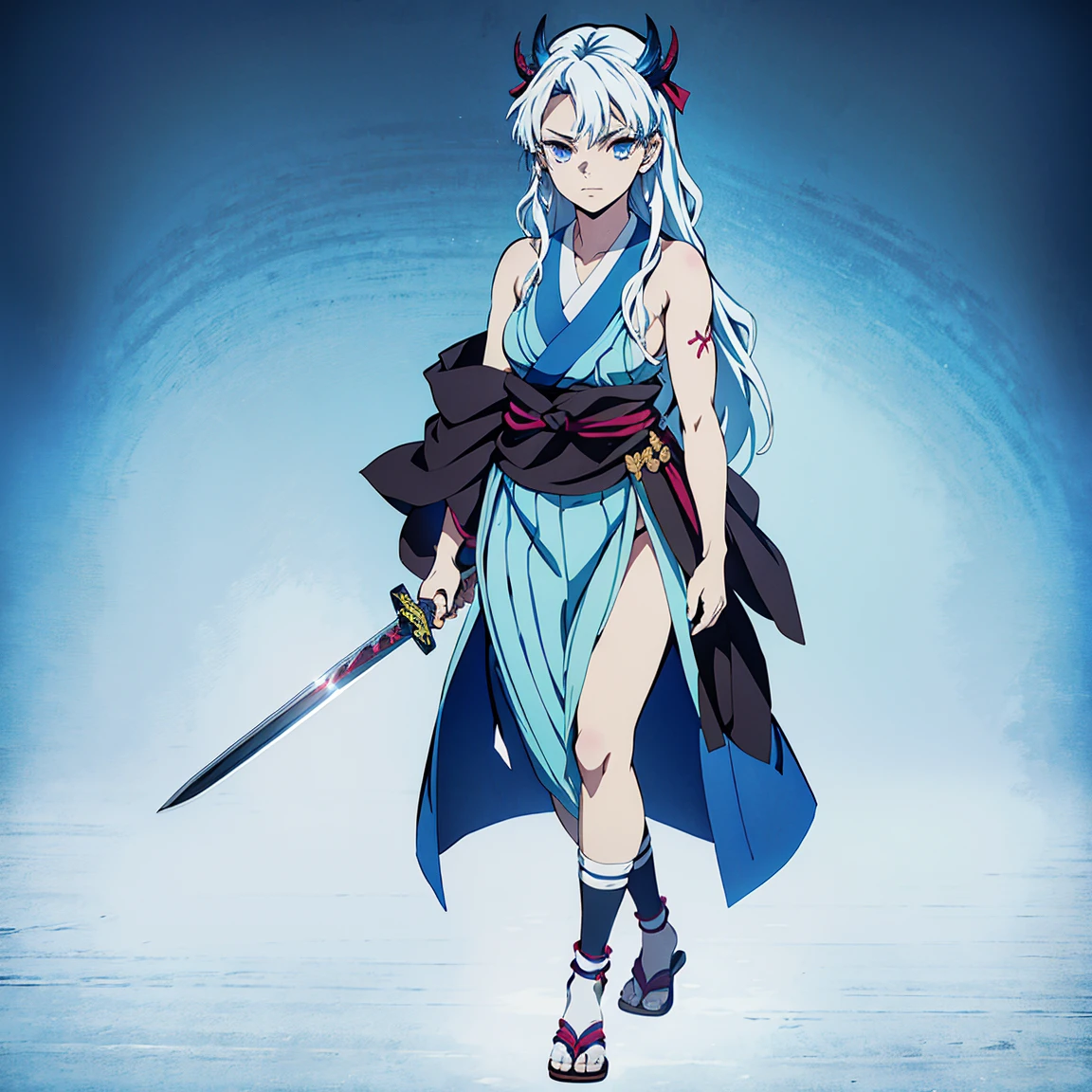 A anime high school girl, wear sexy kimono, short kimono, bare arms, bare back, bare shoulder, walking, long hair, light blue hair, look at viewer, blue eyes, blue hair,anime drawing inspired by Itō Ogura Yonesuke, trending on pixiv, shin hanga, in demon slayer art, kimetsu no yaiba, iconic demon slaying uniform, intricate patterns, sword on waist, simple back ground, full view,full body, whole body, all her body is seeable,tall hair, sword, with sword, from the front
