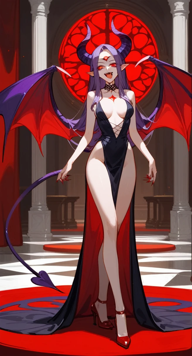 girl,Vampire Succubus,noble,Long legs,Red Purple Claw,The thin horns on the forehead,Slender red high heels,Red snake eyes,Pointed ears,Plump breasts,Solitary,Black long hair,Waist-length hair,Black and red long dress(Dark),Vampire Fangs,Seductive and charming face,Dark Bloodthirst,catwalk,Slender bat wings on the back,Open your mouth,Elegant,Keep,Inside the Palace,Succubus pattern on forehead,Malicious laughter,Black purple slender succubus tail