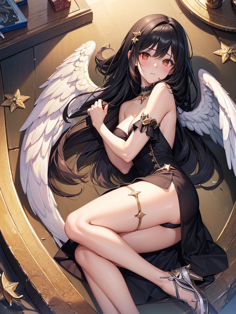 ((best quality)),(Ultra-high resolution),(Super detailed),(Detailed description),((Best CG))(Fantasy art with precise details:1.5), Black Hair,European classical long dress,Elizabeth neckline,(1 Female Angel:1.6),Angel Wings,side,Injuried,Blood,Half kneeling,Serious expression,get shot,Being chopped