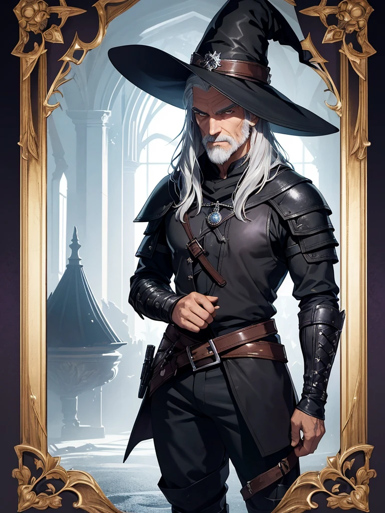 Create a book cover for a love story between Senhorita Canella and Casacoika, a magical couple. Senhorita Canella is a witch with long black hair, dark skin (similar to Pocahontas), and she wears black leather pants and a top, as well as a witch's hat. Casacoika is a seductive wizard with long white hair and a gray beard (resembling Geralt of Rivia), dressed in black armor with purple pants and leather accents. The image should resemble an enchanted fairy tale book cover, featuring magical kingdoms and elements, and clearly convey a romantic theme.