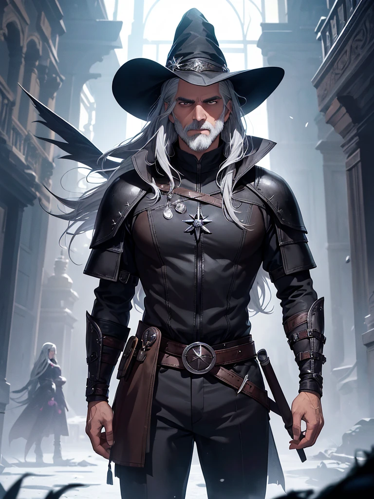 Create a book cover for a love story between Senhorita Canella and Casacoika, a magical couple. Senhorita Canella is a witch with long black hair, dark skin (similar to Pocahontas), and she wears black leather pants and a top, as well as a witch's hat. Casacoika is a seductive wizard with long white hair and a gray beard (resembling Geralt of Rivia), dressed in black armor with purple pants and leather accents. The image should resemble an enchanted fairy tale book cover, featuring magical kingdoms and elements, and clearly convey a romantic theme.