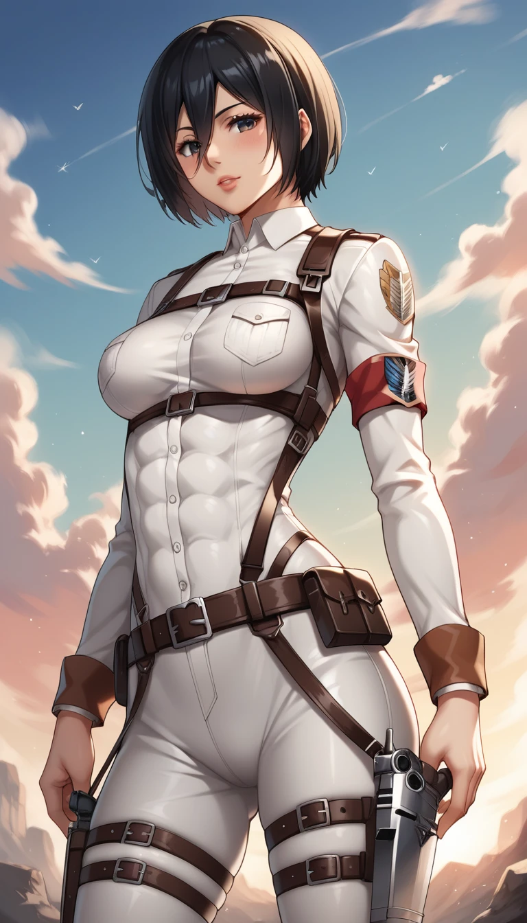 score_9, score_8_up, score_7_up, BREAK source_anime, adult mikasa ackerman, black eyes, black hair, short hair, medium breasts, military uniform, armor, belt, thigh strap,sexy