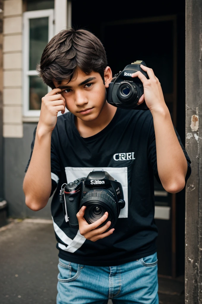 A boy of age 20 holding a DSLR while shooting photo and hiding face