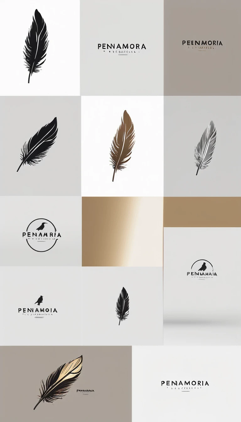 A minimal, modern, simple, cinematic logo design for the brand “Penamemoria". Create a modern, minimalistic, high-quality, logo of a bird feather