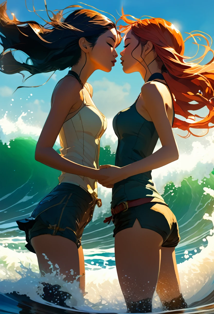 Portrait of two girls kissing, unravel, Ride the waves, Cast A Spell, Full-body shot, cinematic lighting, dramatic atmosphere, by Dustin Nguyen, Akihiko Yoshida, Greg Tocchini, Greg Rutkowski, Cliff Chiang, 4k resolution, trending on artstation