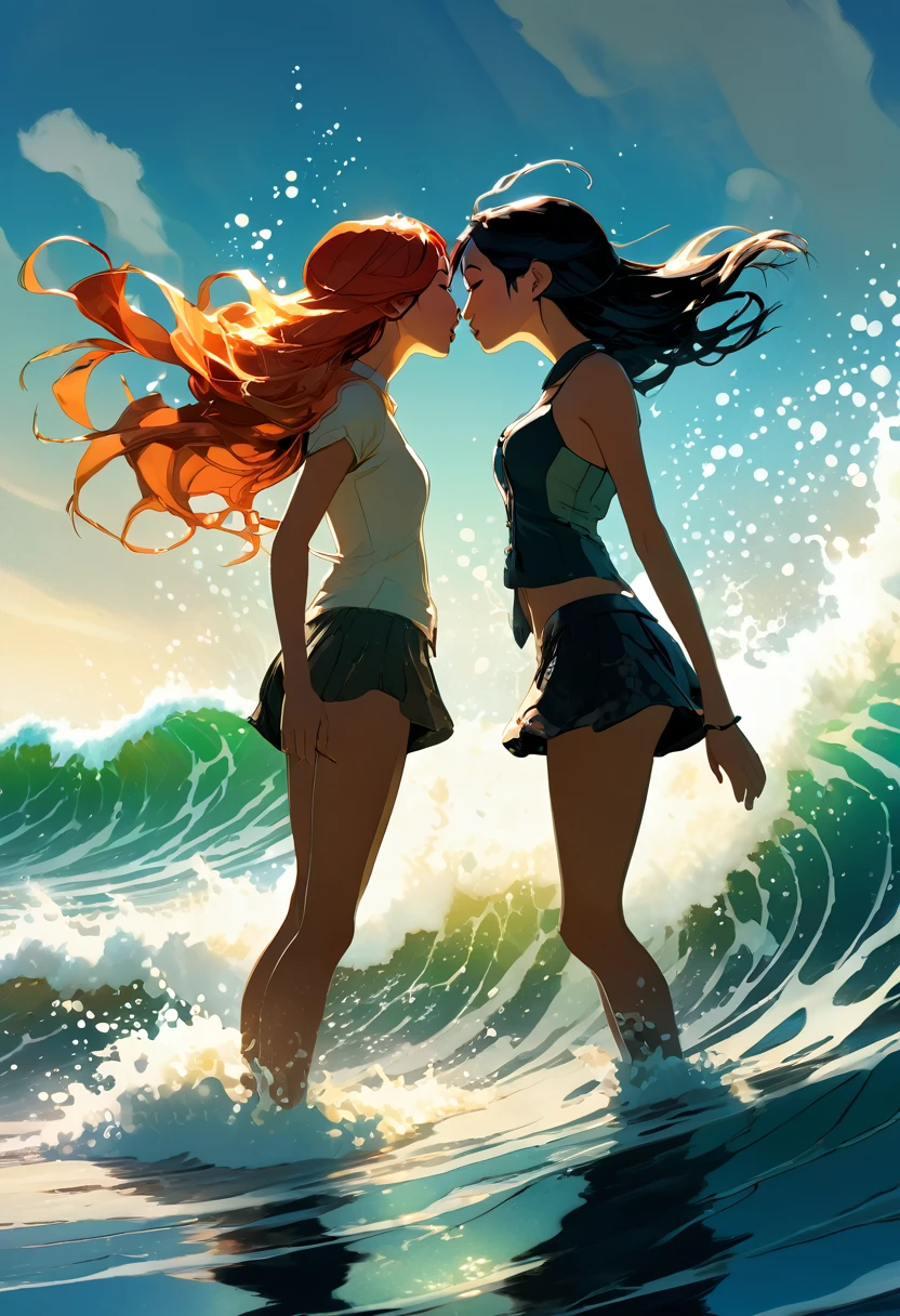Portrait of two girls kissing, unravel, Ride the waves, Cast A Spell, Full-body shot, cinematic lighting, dramatic atmosphere, by Dustin Nguyen, Akihiko Yoshida, Greg Tocchini, Greg Rutkowski, Cliff Chiang, 4k resolution, trending on artstation