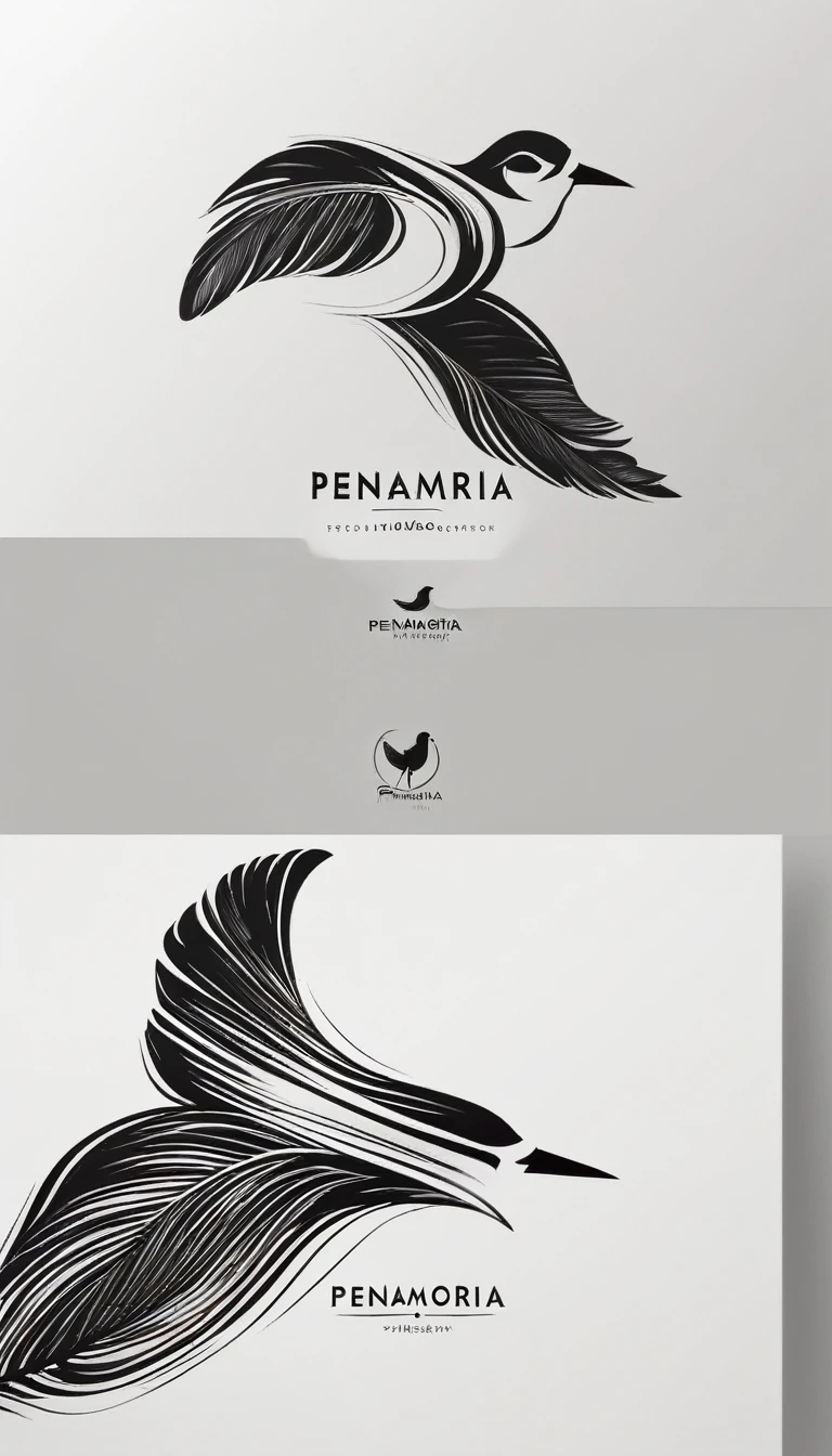 A minimal, modern, simple, cinematic logo design for the brand “Penamemoria". Create a modern, minimalistic, high-quality, logo of a feather-bird