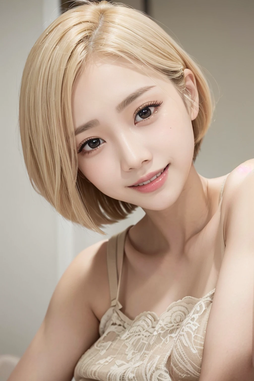 Genuine, masterpiece, Highest quality, Photo of a woman smiling happily, Beautiful and detailed, Long, narrow eyes, Iris, Thin eyebrows, Delicate eyelashes, Long eyelashes, False eyelashes, (Hidden eyelid wrinkles:1.3), (Blonde, short hair, middle part:1.3), Small teeth visible, See-through T-shirt