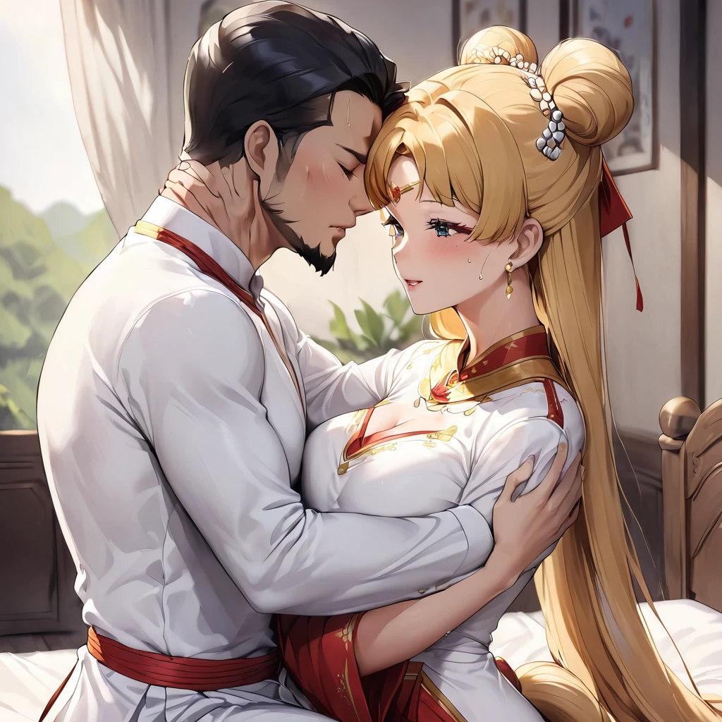 ((Highest quality)), ((masterpiece)), (detailed), (Perfect Face)、The woman is a Vietnamese woman named Tsukino Usagi, wearing a gorgeous and glittering ao dai, a traditional Vietnamese dress with gold embroidery, a gorgeous hair ornament, gorgeous jeweled accessories and an engagement ring. The woman and the man are passionately embracing and kissing passionately the dignified and bearded middle-aged Vietnamese man wearing Vietnamese national dress on a gorgeous large bed in a gorgeous room, making passionate love as a married couple.、The woman is the elegant Tsukino Usagi, a Vietnamese girl with long blonde hair in a chignon twin tail and wearing an ao dai.、The man is a dignified, muscular, bearded, middle-aged Vietnamese man wearing Vietnamese national dress.