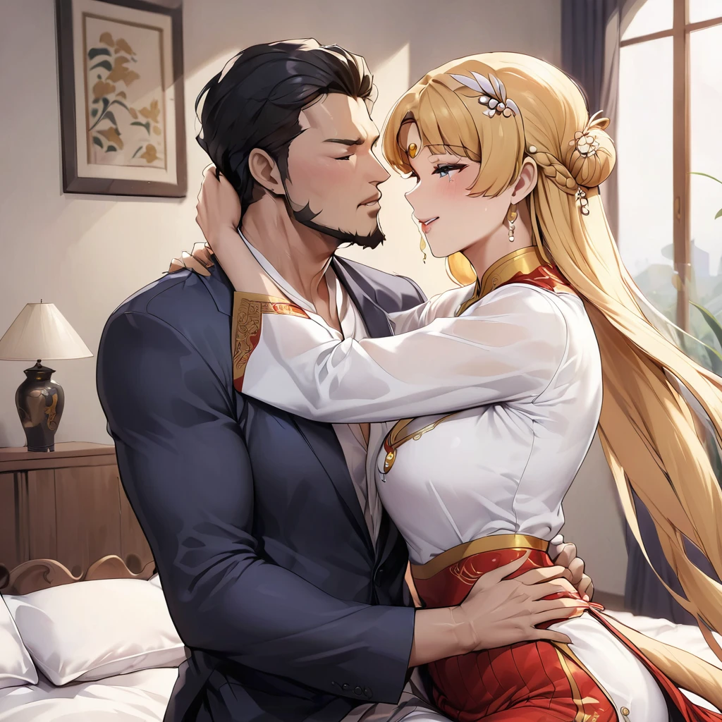 ((Highest quality)), ((masterpiece)), (detailed), (Perfect Face)、The woman is a Vietnamese woman named Tsukino Usagi, wearing a gorgeous and glittering ao dai, a traditional Vietnamese dress with gold embroidery, a gorgeous hair ornament, gorgeous jeweled accessories and an engagement ring. The woman and the man are passionately embracing and kissing passionately the dignified and bearded middle-aged Vietnamese man wearing Vietnamese national dress on a gorgeous large bed in a gorgeous room, making passionate love as a married couple.、The woman is the elegant Tsukino Usagi, a Vietnamese girl with long blonde hair in a chignon twin tail and wearing an ao dai.、The man is a dignified, muscular, bearded, middle-aged Vietnamese man wearing Vietnamese national dress.