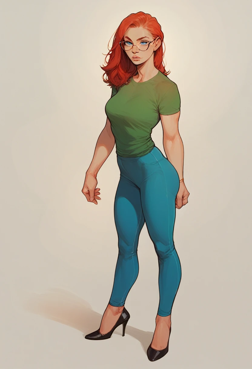 score_9, score_8_up, score_7_up, score_6_up, art of a woman, pale, smooth skin, blue eyes, long straight red hair, full lips, slender physique, green t-shirt, glasses, blue pants, black heels