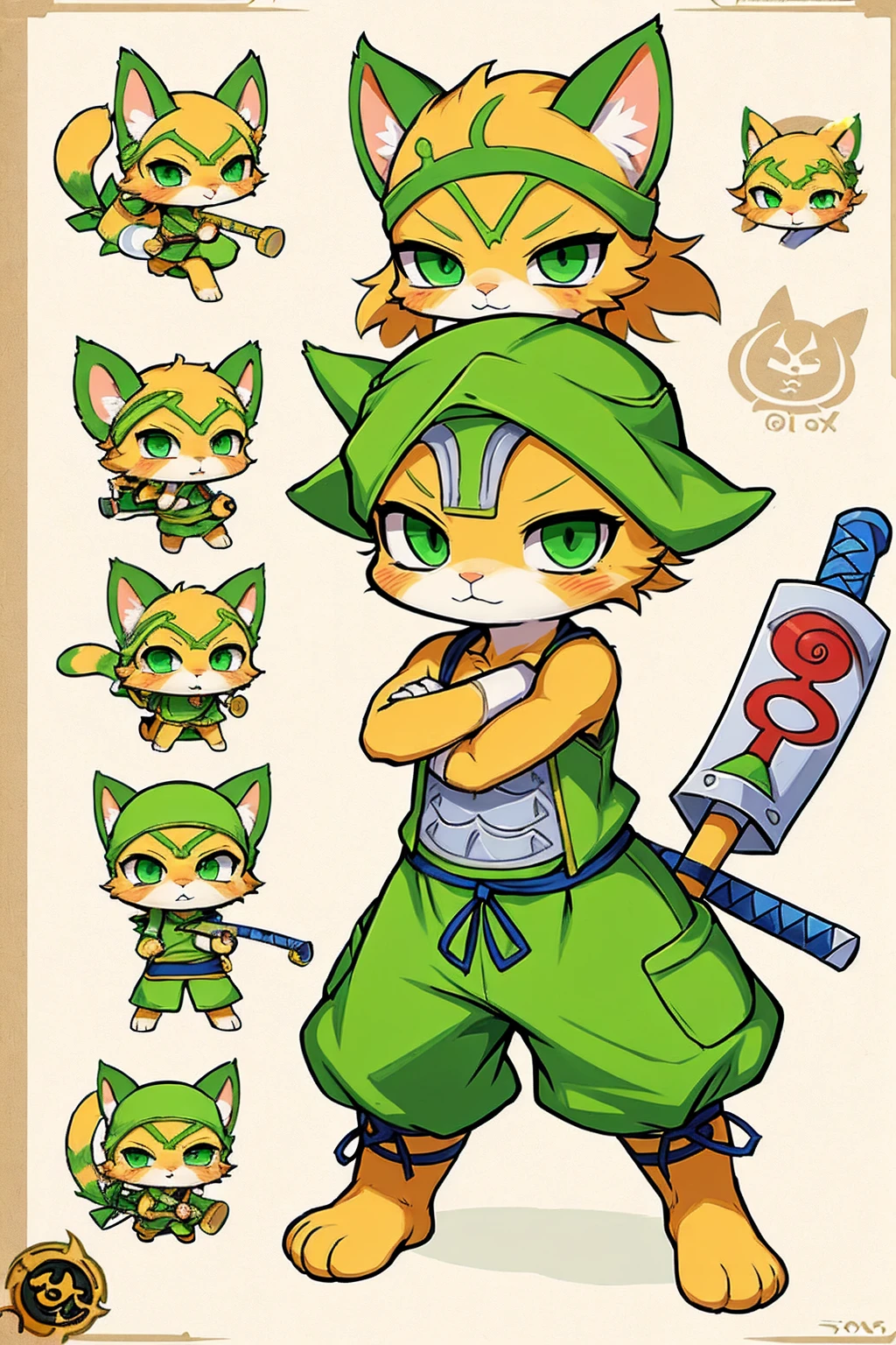 a cat warrior character, furry, (full body:1.2) , chibi, advanced digital chibi art, g liulian art style, maplestory mouse, bian lian, chibi art, league of legends art style, character art of maple story, ((view at the viewer)), (((zoro costume)))