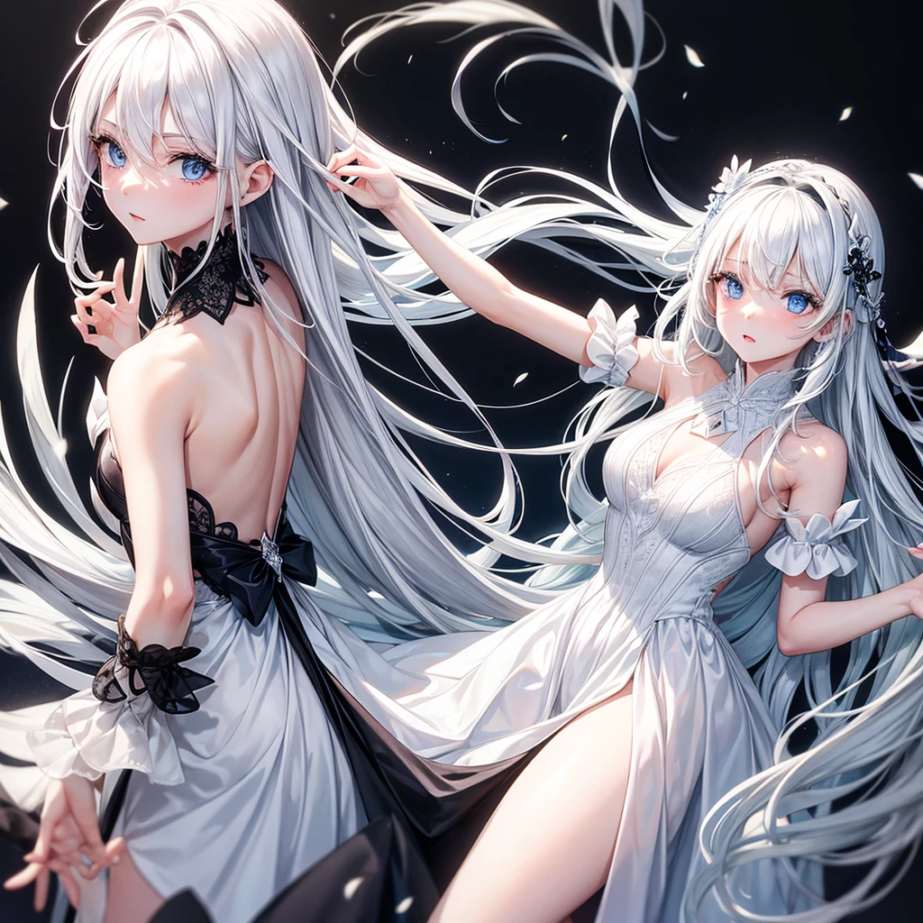 Single White hair girl with blue eyes and white black formal dress