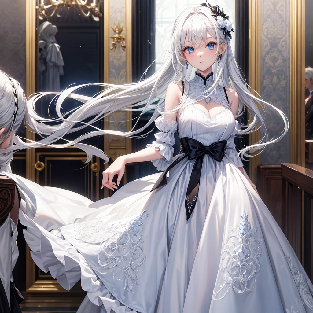 Single White hair girl with blue eyes and white black formal dress
