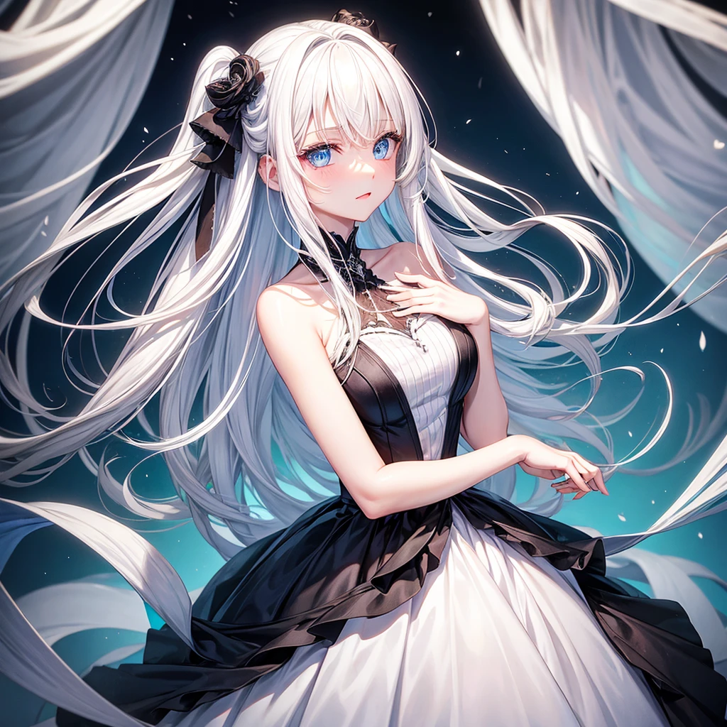 Single White hair girl with blue eyes and white  black  formal dress