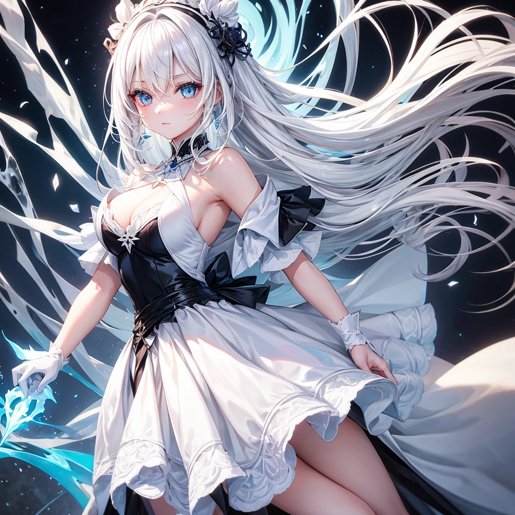 Single White hair girl with blue eyes and white  black  formal dress