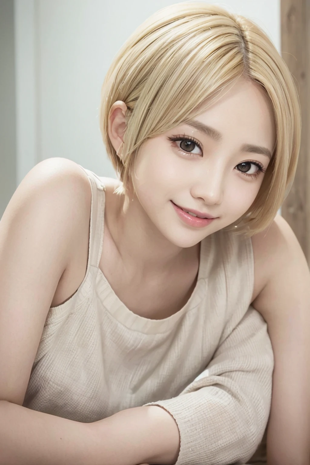 Genuine, masterpiece, Highest quality, Photo of a woman smiling happily, Beautiful and detailed, Long, narrow eyes, Iris, Thin eyebrows, Delicate eyelashes, Long eyelashes, False eyelashes, (Hidden eyelid wrinkles:1.3), (Blonde, short hair, middle part:1.3), Small teeth visible, Colorful see-through T-shirt