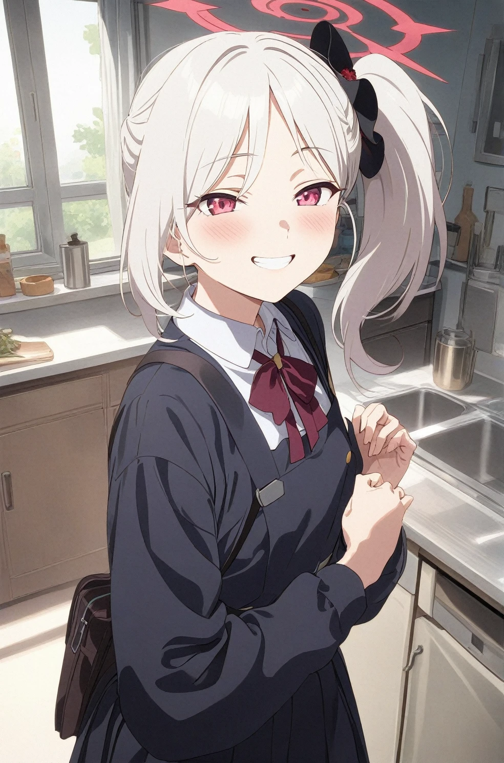 best quality, amazing quality, very aesthetic, absurdres, (1girl, mutsuki, blue archive, solo, red eyes, white hair, side ponytail), (realistic face:0.7),(pinafore dress:2), (grin, blush, thigh:1.3), (cowboy shot), (glowing eyes:1.1), (half closed eyes:0.9), (from side:2),(from above:0.4), (kitchen), expressive eyes, perfect face, 4k, extremely detailed anime illustration, extremely detailed eyes, perfect anatomy, light rays, extremely delicate body, smooth skin, (school background:1.5), clear eyes, beautiful face, small breasts,(anime style:1.5), (Chiaroscuro:1.5), (highres:2), cinematic