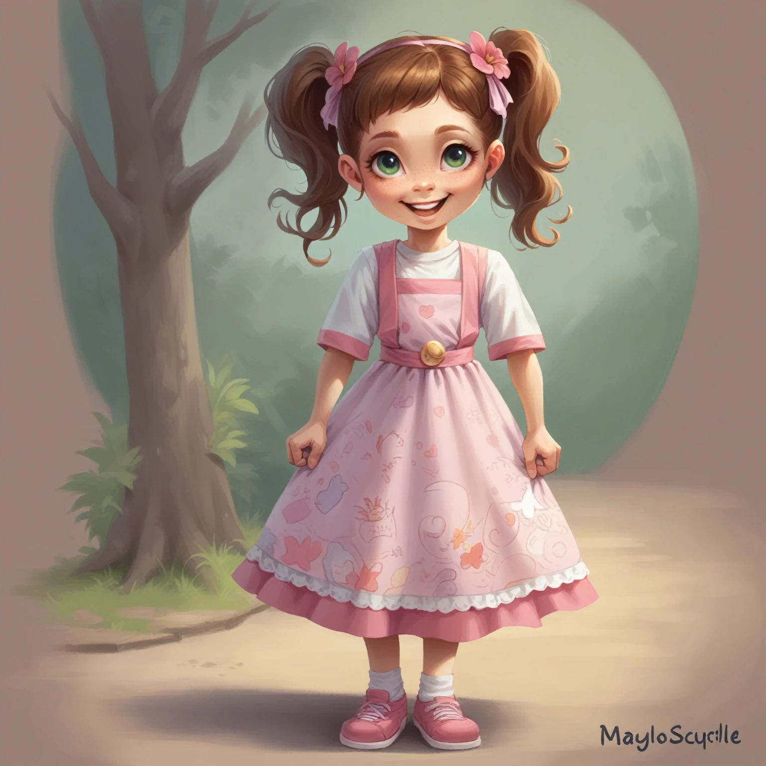Objective: To create a digital illustration of a girl with two pony tails, showcasing a sweet smile on 
her face, Wearing a cute dress. The illustration should convey a sense of happiness and warmth.
Description: The illustration should feature a young girl with two distinctive bony tails in her 
hairstyle. She should have a sweet and genuine smile on her face, capturing a joyful and friendly 
demeanour. The overall style should be appealing and engaging, suitable for a children's book or a 
whimsical character design.
Details:
Character Design
Hair: Two bony tails, styled neatly.
Face: Expressive eyes with a twinkle of joy.
Clothing: Casual, colourful outfit (e.g., a cute dress or a t-shirt with a skirt).
Pose and Expression: Hands could be holding something small (e.g., a flower or a book) or simply by 
her sides.