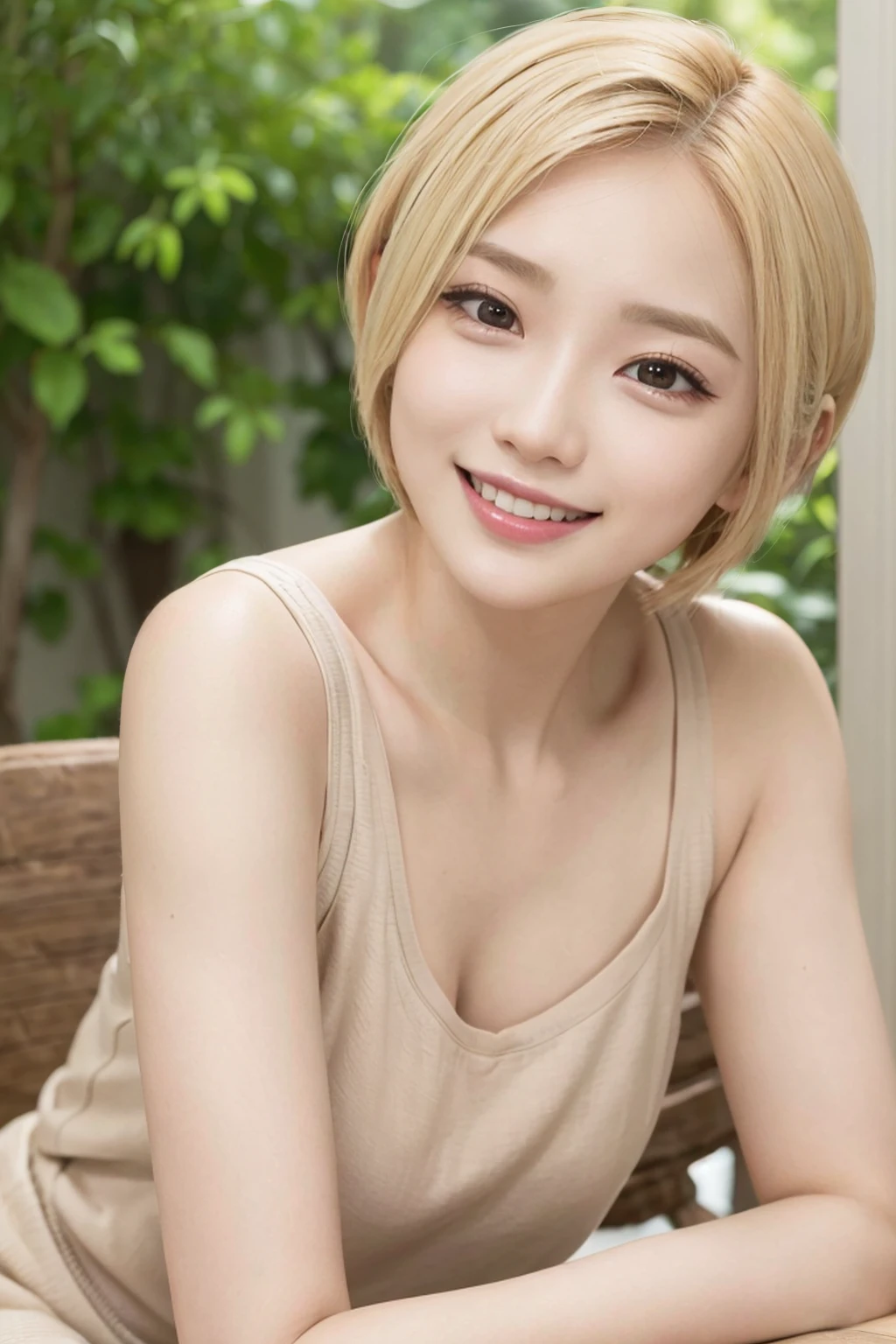 Genuine, masterpiece, Highest quality, Photo of a woman smiling happily, Beautiful and detailed, Long, narrow eyes, Iris, Thin eyebrows, Delicate eyelashes, Long eyelashes, False eyelashes, (Hidden eyelid wrinkles:1.3), (Blonde, short hair, middle part:1.3), Small teeth visible, Colorful see-through T-shirt