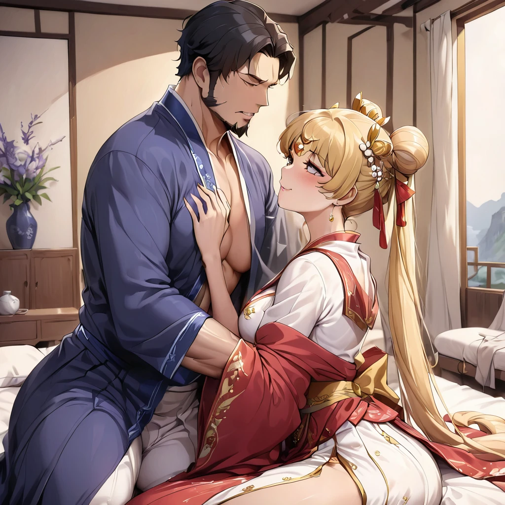 ((Highest quality)), ((masterpiece)), (detailed), (Perfect Face)、The woman is a Chinese woman named Tsukino Usagi, wearing a gorgeous, glittering red Hanfu with lots of gold embroidery, a gorgeous hair ornament, gorgeous jeweled accessories, and an engagement ring. The woman and the man are passionately embracing and kissing passionately the middle-aged Chinese man wearing a dignified and sturdy Hanfu on a gorgeous, large bed in a gorgeous room, making passionate love as husband and wife.、The woman is the elegant Tsukino Usagi, a Chinese woman with long blonde hair in a chignon twin tail and wearing a red Hanfu with gorgeous gold embroidery all over it.、The man is a dignified, muscular, bearded, middle-aged Chinese man wearing the traditional Chinese dress, Hanfu.