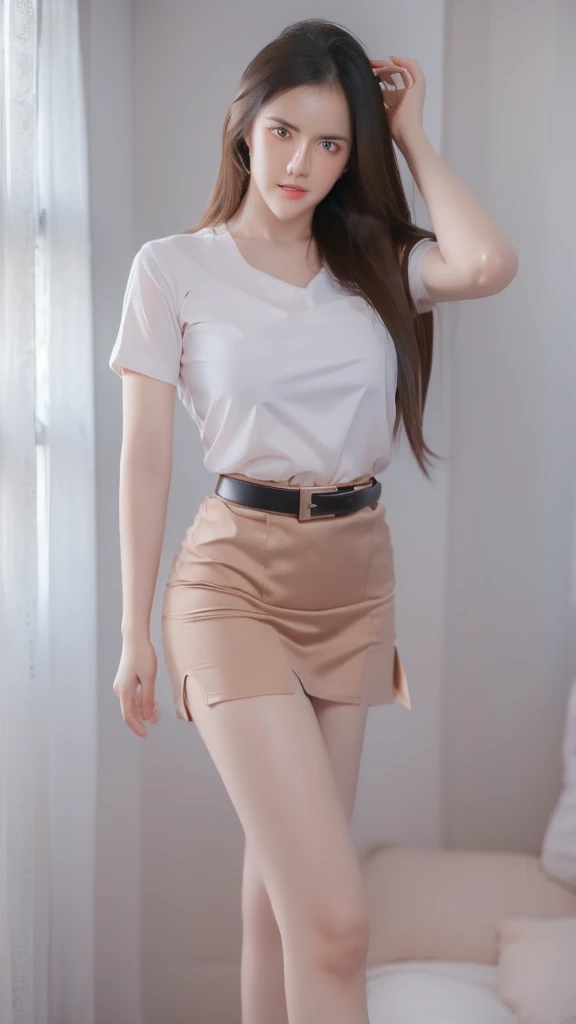 girl, white_shirt, short sleeve, black_skirt, shirt_hide_in, brown_belt