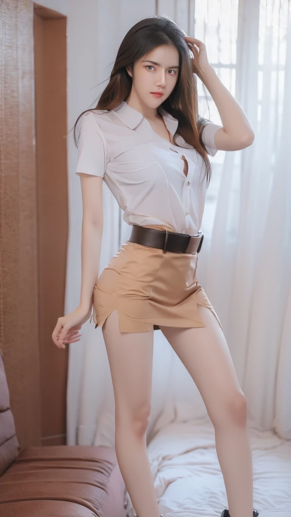 girl, white_shirt, short sleeve, black_skirt, shirt_hide_in, brown_belt