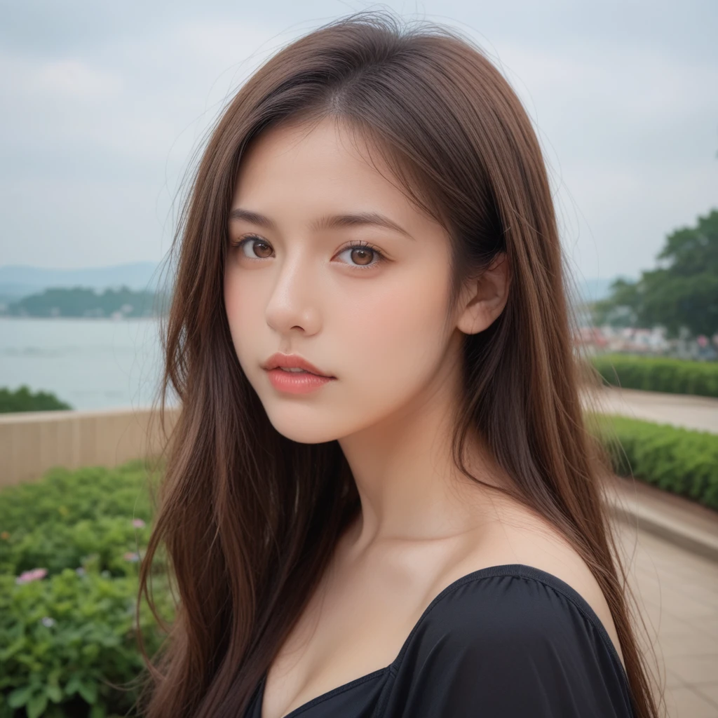score_9, score_8_up, score_7_up,High resolution,realistic,8K,Crisp lines, High definition, Intricate details,real,photorealistic,30 years old,detailed face,beautiful woman's face,brown hair,beautiful eyes,sharp eyes,brown eyes, breasts, closed mouth,long brown hair, facing viewer,(looking at viewer), breasts, outdoors, parted lips, profile, brown hair, short sleeves, sidelocks, sky, solo, standing, very long hair, black dress