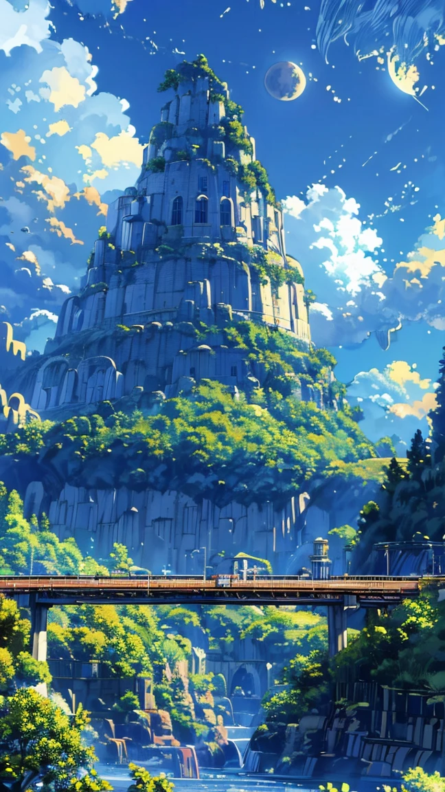 Best quality,masterpiece,ultra high res,(photorealistic:1.4),4k,finely detailed, Pixel Art,scenery,no humans,sky,outdoors,cloud,moon,waterfall,tree,water,day,night,crescent moon,building,city,castle,star \(sky\),cityscape,tower,blue sky,nature,bridge,fantasy,night sky