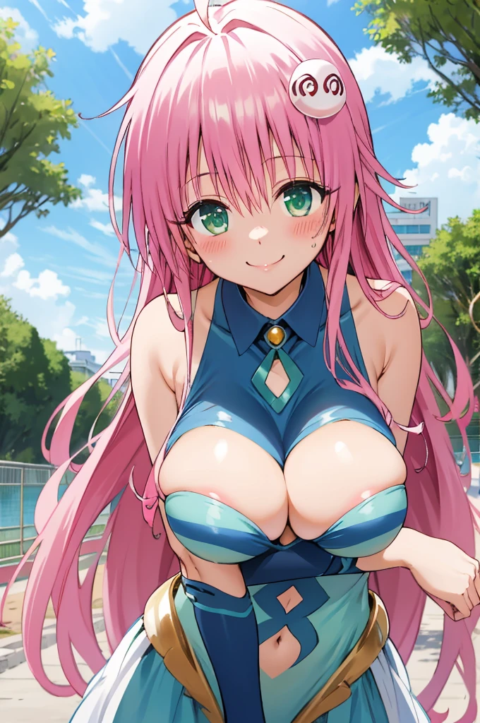 , aalala, long hair, ahoge, hair ornament, green eyes,pink, , (((huge breasts))),,,looking viewer,,,nature,smile,(blush),sexy costume,,cowboy shot