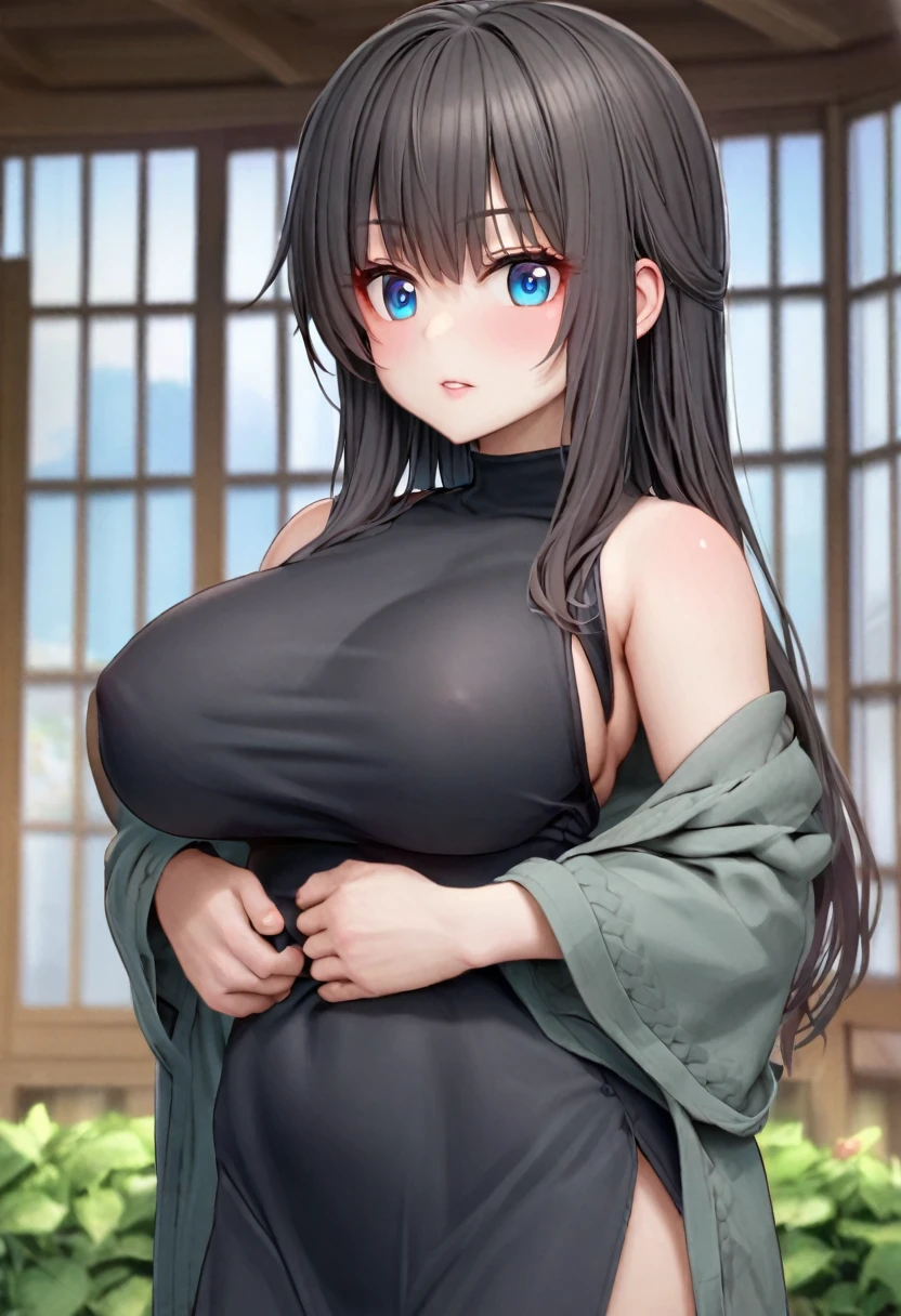 Black-haired, blue-eyed, large-breasted woman