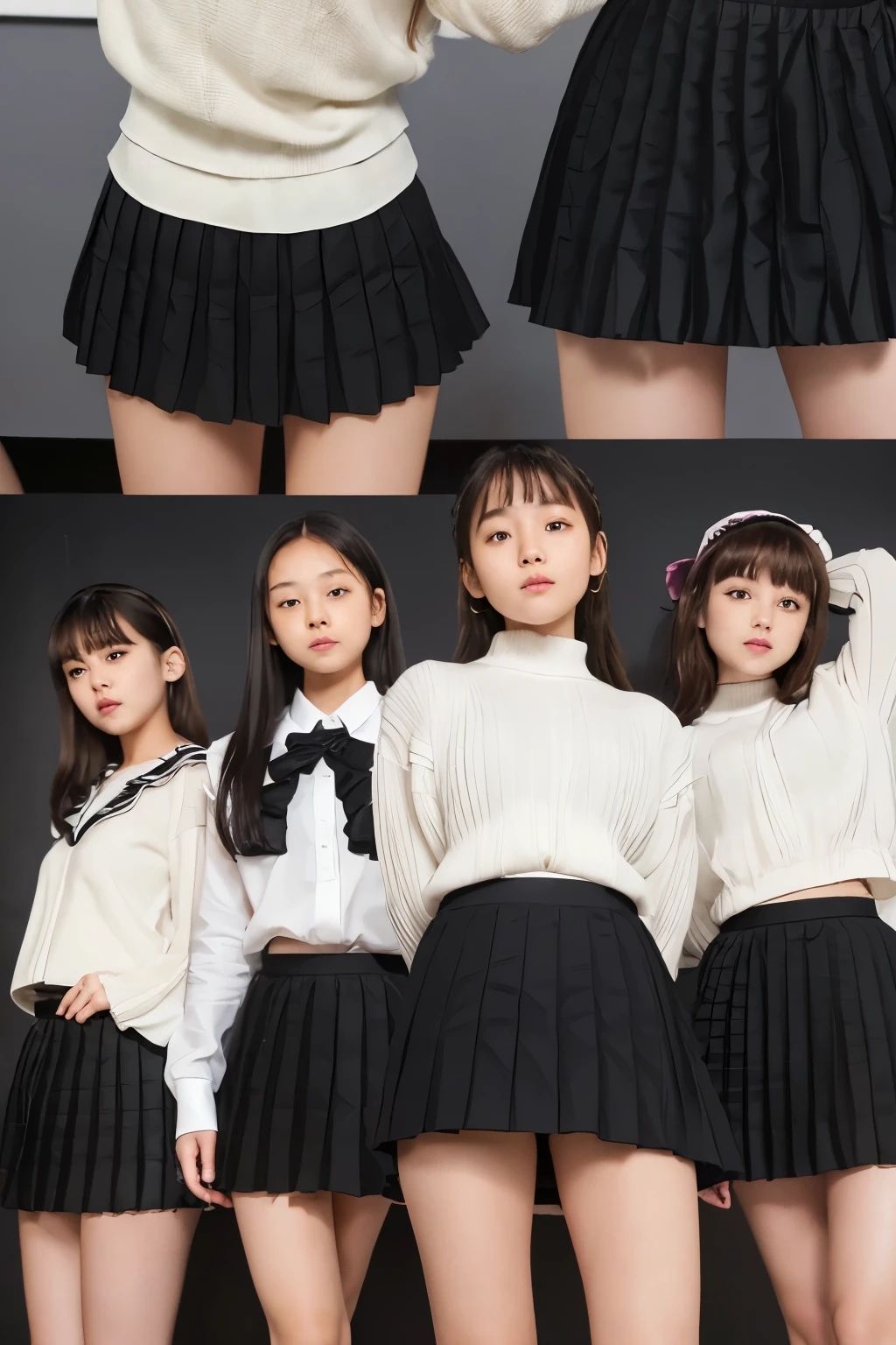8k, real photo, ((five girls standing together:1.5)), ((black:1.5)) ((pleated mini skirt:1.5)), ,bangs,a little smiles,thighs,knees,crotch,low ponytail,from below, low angle, exposing white panty:1.5)), in a classroom