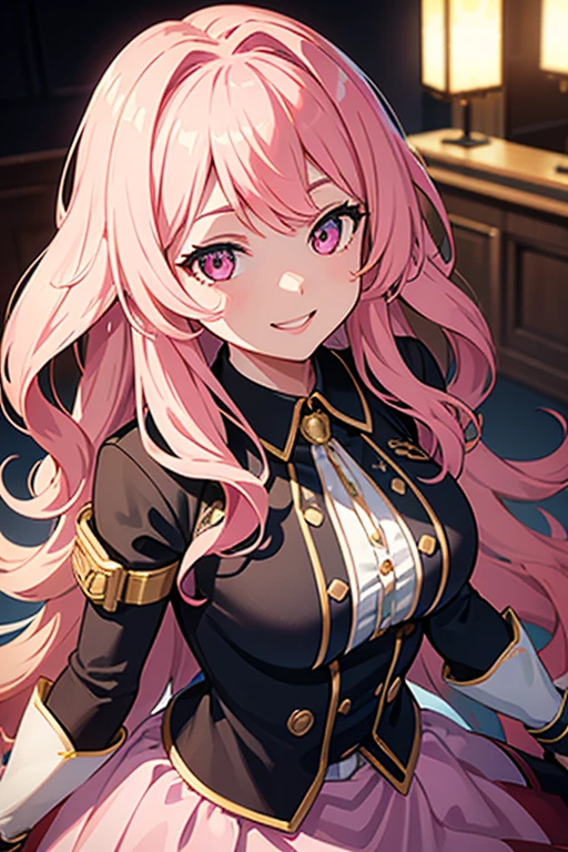 a beautiful female, pink long wavy hair, black eyes, half body shot, school idol costume, intricate details, cinematic lighting, clear focus, photorealistic, masterpiece, high resolution, ultra detailed, vibrant colors, dramatic lighting, grinning expression