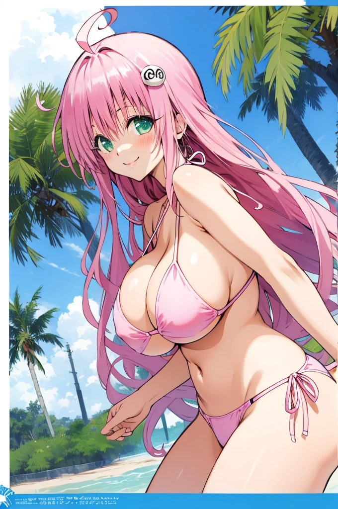 , aalala, long hair, ahoge, hair ornament, green eyes,pink, , (((huge breasts))),,,looking viewer,,,nature,smile,(blush),bikini,,cowboy shot,from side
